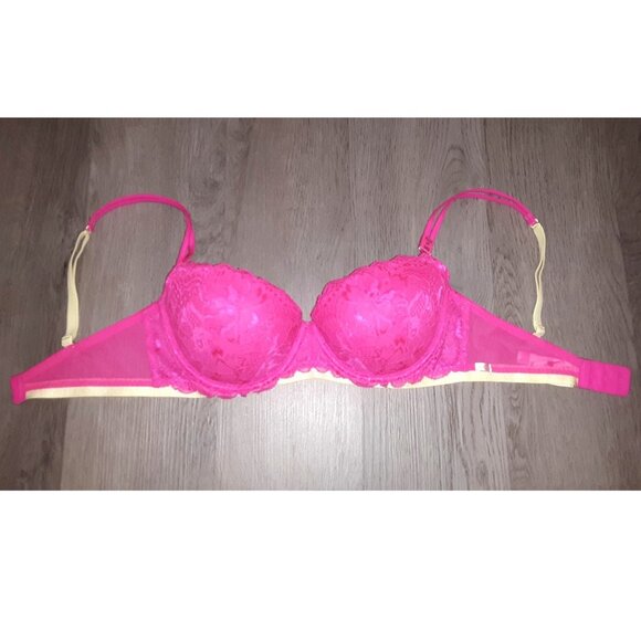 Victoria's Secret PINK Date Push Up Bra Size 34D Hot Pink Lace Neon Yellow Green - Picture 2 of 7